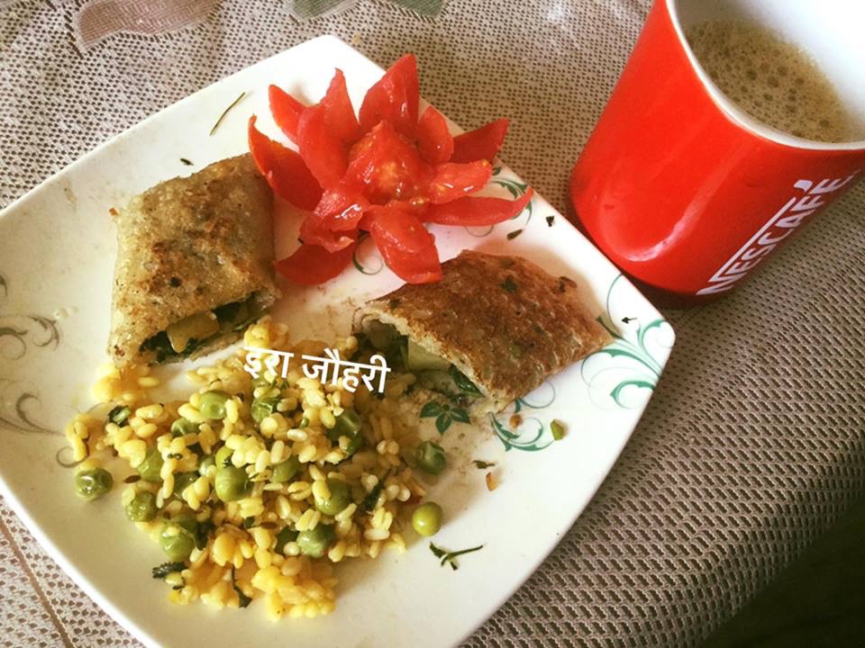 आज का दिलकश नाश्ता !!छौकी हुई मूँग मटर , मेथी आलू का खिला खिला साग और साग की फ्रैकी एकदम देशी स्वाद व देशी अंदाज मे और एक कप गरम कॉफी