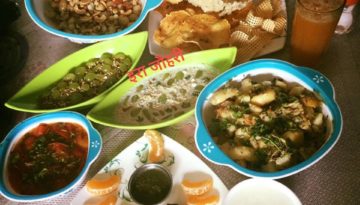 फलाहार  नवरात्रि की अष्टमी के दिन का फलाहार  काजू , बादाम , मखाना , मूँगफली और साबूदाना की गडबड , लौकी की अंगूरी खीर व अंगूरी हलुआ ,लौकी के फलाहारी कबाब , खट्टमिट्ठे टमाटर व खट्टी आम की चटनी , पारम्परिक विधि से भाप मे बने साबूदाना के पापड़ , आलू के पापड़ व आलू के जालीदार चिप्स , जीरेमिर्च के आलू के साथ तरावट देने के लिये मौसम मे पहली बार बनाया गया बेल का शर्बत भी है