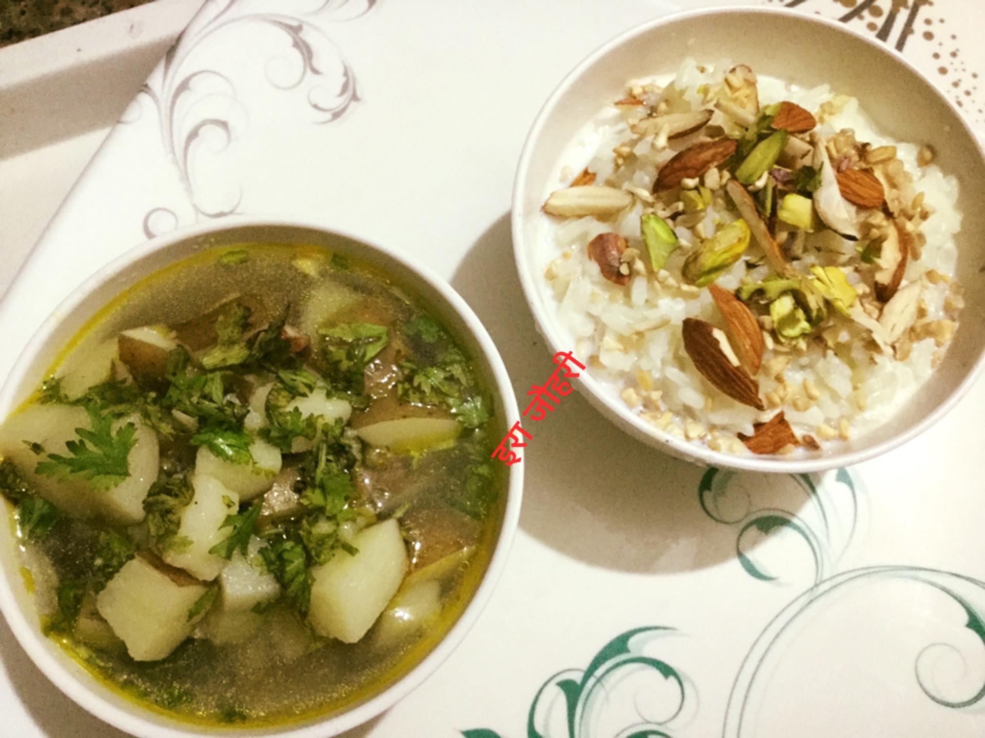 हरीधनिया ,लहसुन ,मिर्च के आलू और चावल की खीर