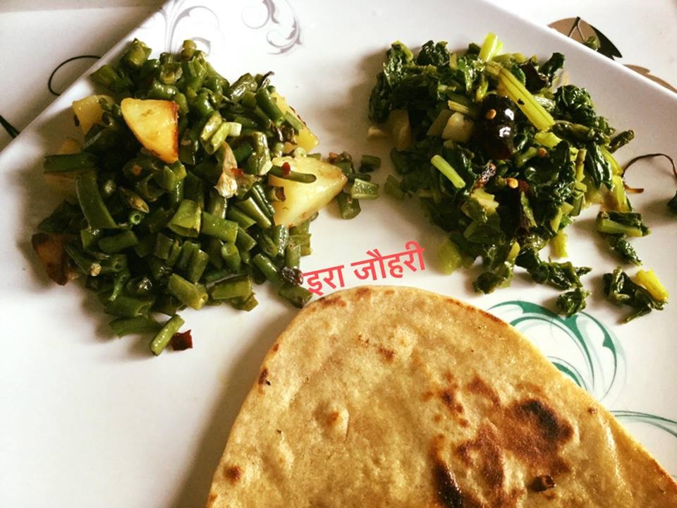 बिना मसाले की सब्जी !!! लहसुन मिर्च से छुका मूली का साग और लहसुनमिर्च से ही छुकी बोड़ा या लोभिया की सब्जी संग पराठा