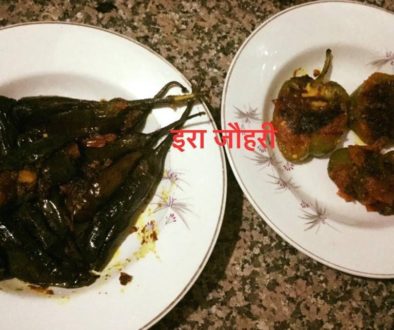 भरवाँ लम्बे बैगन , शिमला मिर्च और मूली की सब्जी !!!!